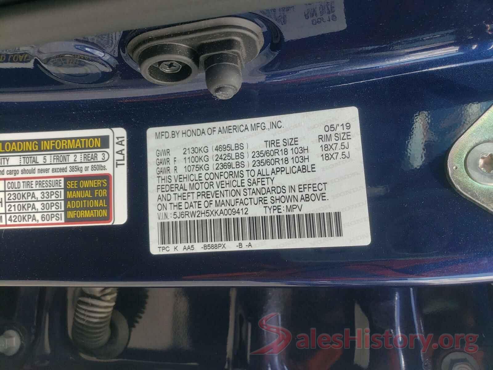 5J6RW2H5XKA009412 2019 HONDA CRV