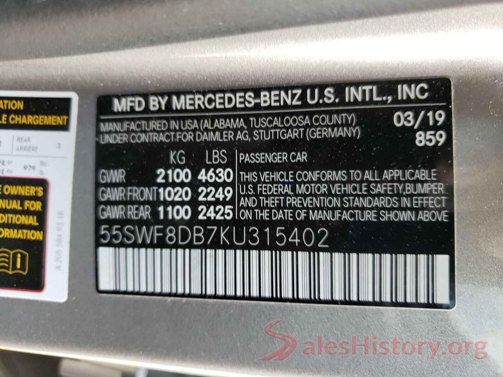 55SWF8DB7KU315402 2019 MERCEDES-BENZ C CLASS