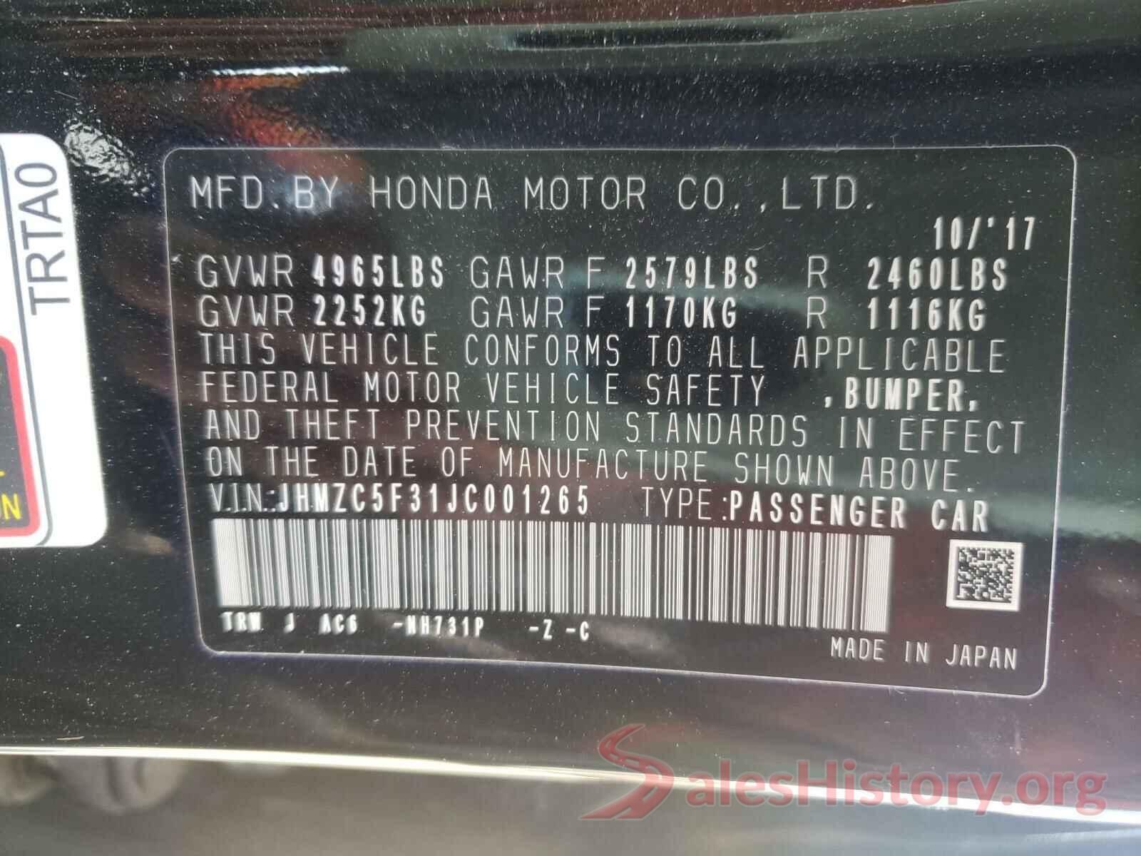 JHMZC5F31JC001265 2018 HONDA CLARITY