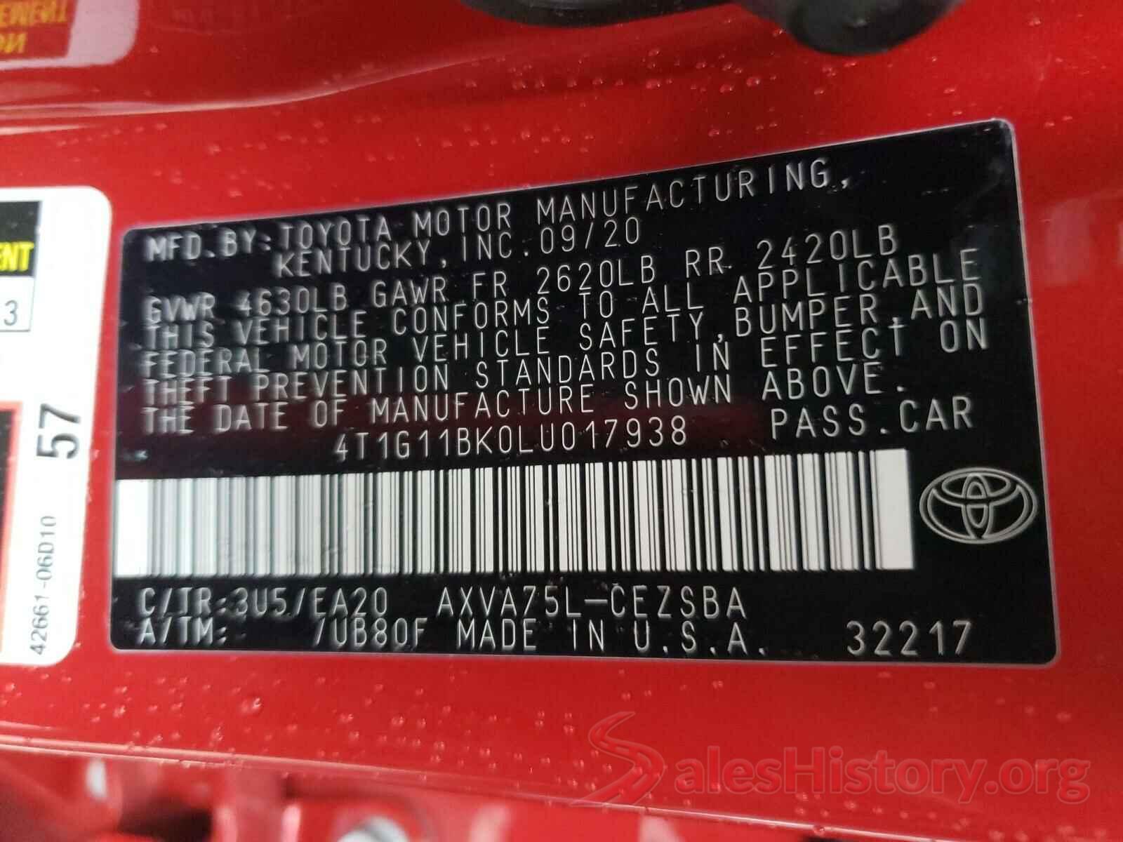 4T1G11BK0LU017938 2020 TOYOTA CAMRY