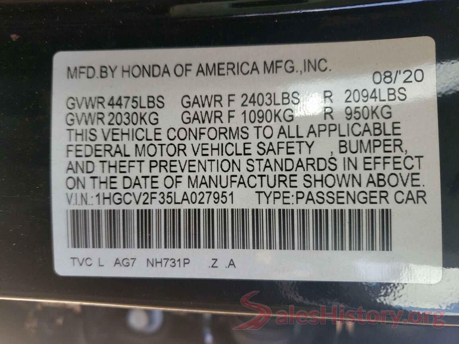 1HGCV2F35LA027951 2020 HONDA ACCORD