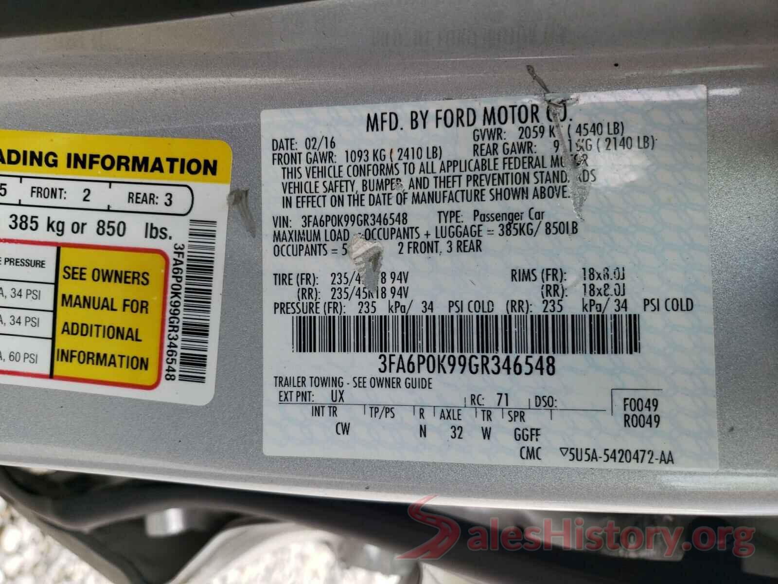 3FA6P0K99GR346548 2016 FORD FUSION