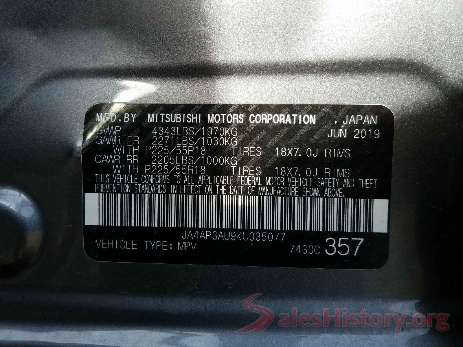 JA4AP3AU9KU035077 2019 MITSUBISHI OUTLANDER