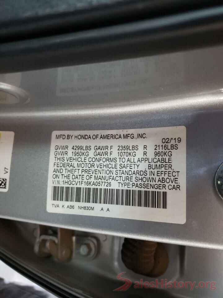 1HGCV1F16KA057726 2019 HONDA ACCORD