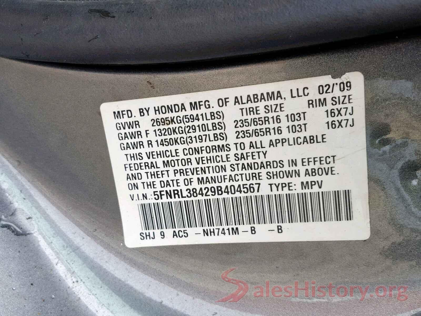 5FNRL38429B404567 2009 HONDA ODYSSEY EX