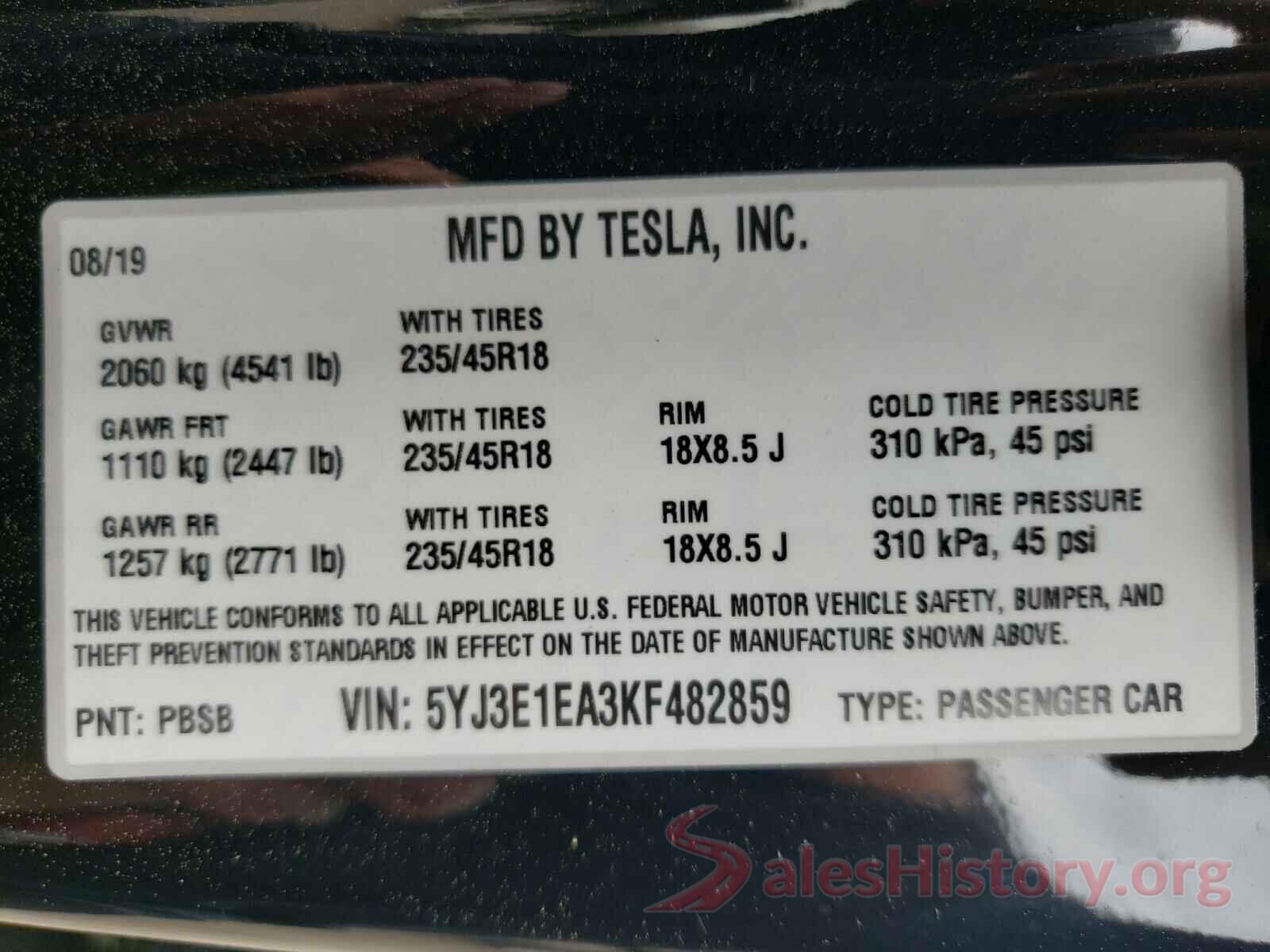 5YJ3E1EA3KF482859 2019 TESLA MODEL 3