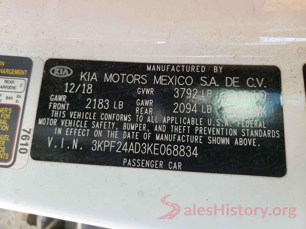 3KPF24AD3KE068834 2019 KIA FORTE