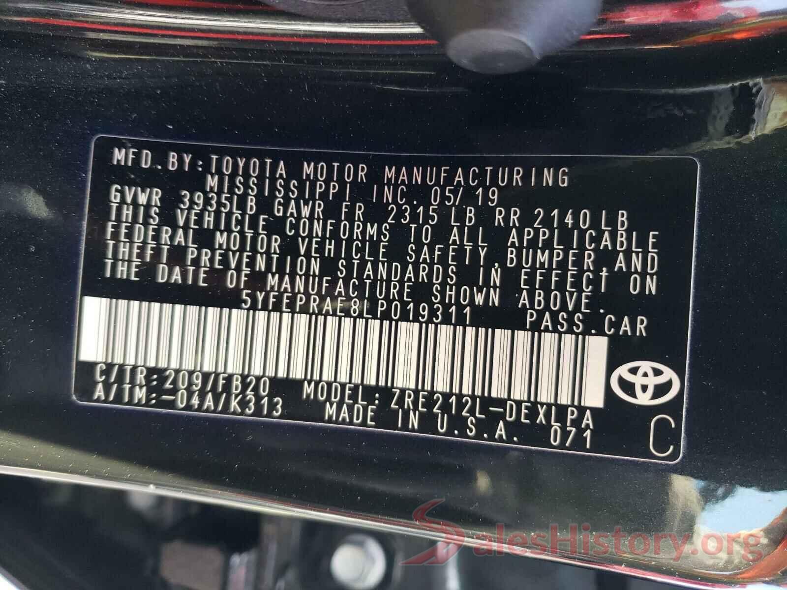 5YFEPRAE8LP019311 2020 TOYOTA COROLLA