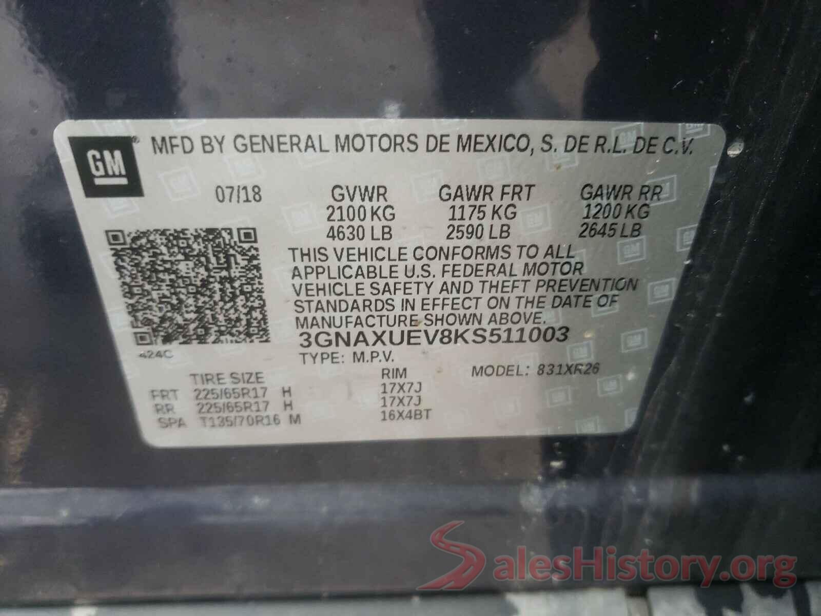 3GNAXUEV8KS511003 2019 CHEVROLET EQUINOX