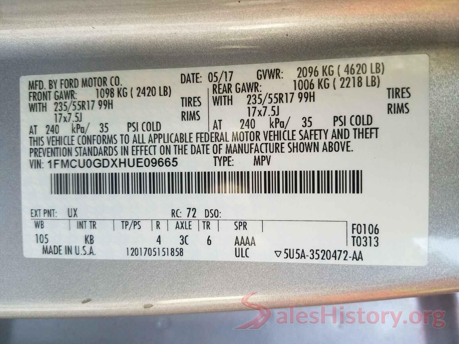 1FMCU0GDXHUE09665 2017 FORD ESCAPE