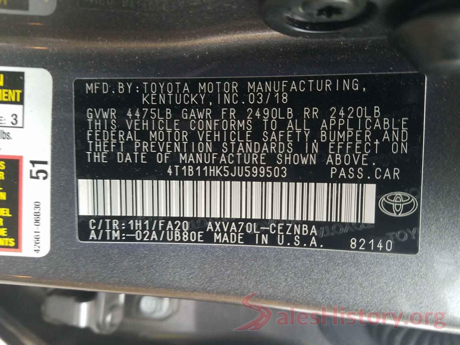 4T1B11HK5JU599503 2018 TOYOTA CAMRY