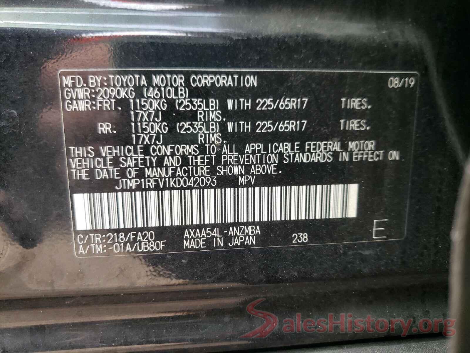 JTMP1RFV1KD042093 2019 TOYOTA RAV4