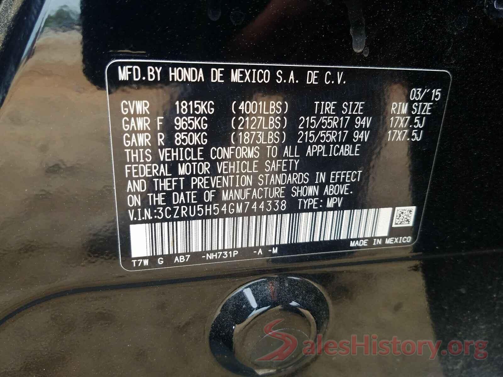 3CZRU5H54GM744338 2016 HONDA HR-V