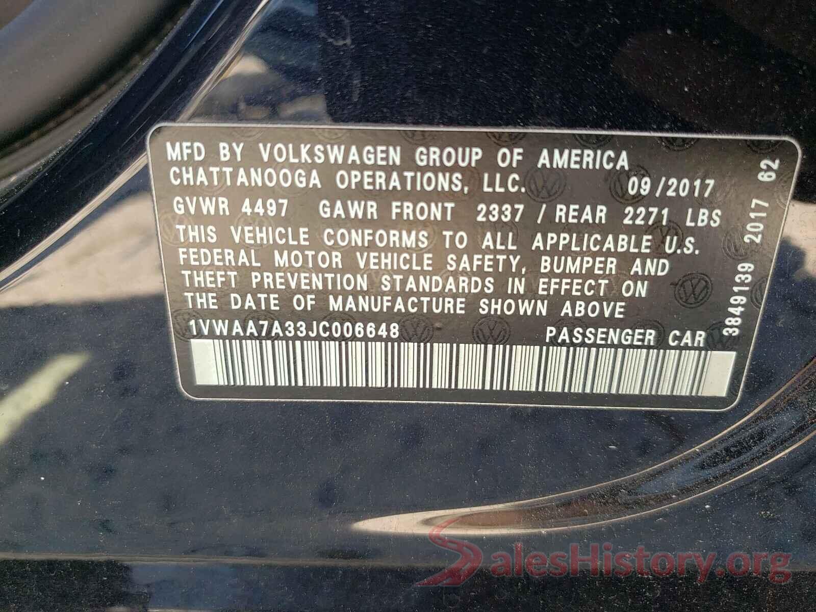 1VWAA7A33JC006648 2018 VOLKSWAGEN PASSAT