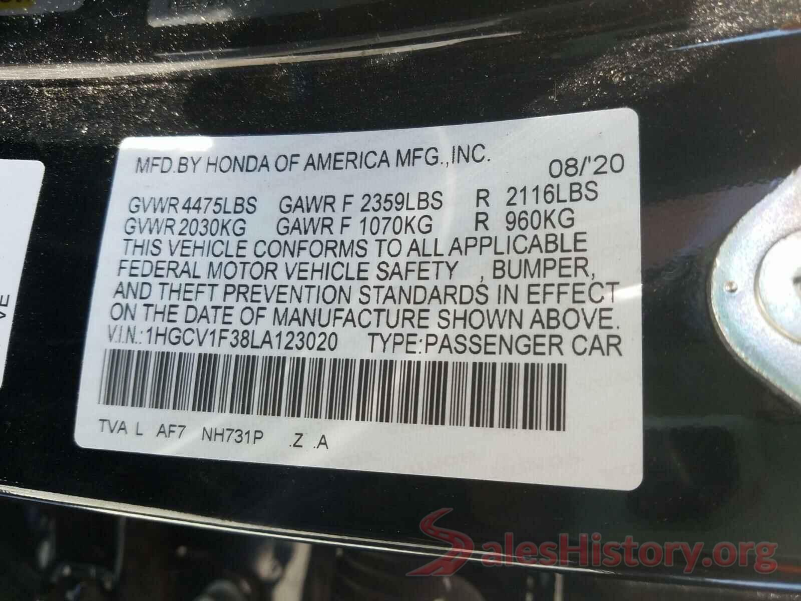 1HGCV1F38LA123020 2020 HONDA ACCORD