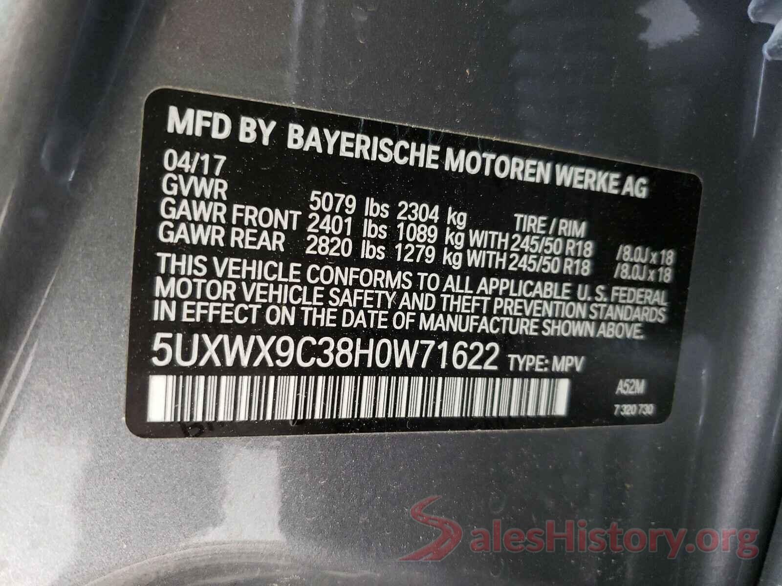 5UXWX9C38H0W71622 2017 BMW X3