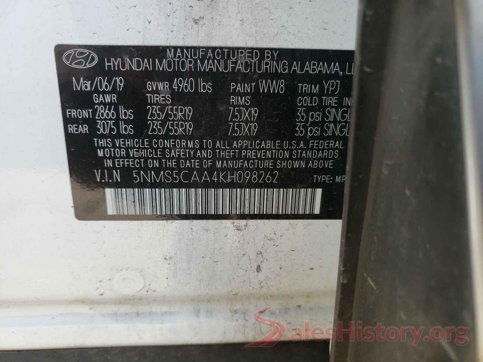 5NMS5CAA4KH098262 2019 HYUNDAI SANTA FE