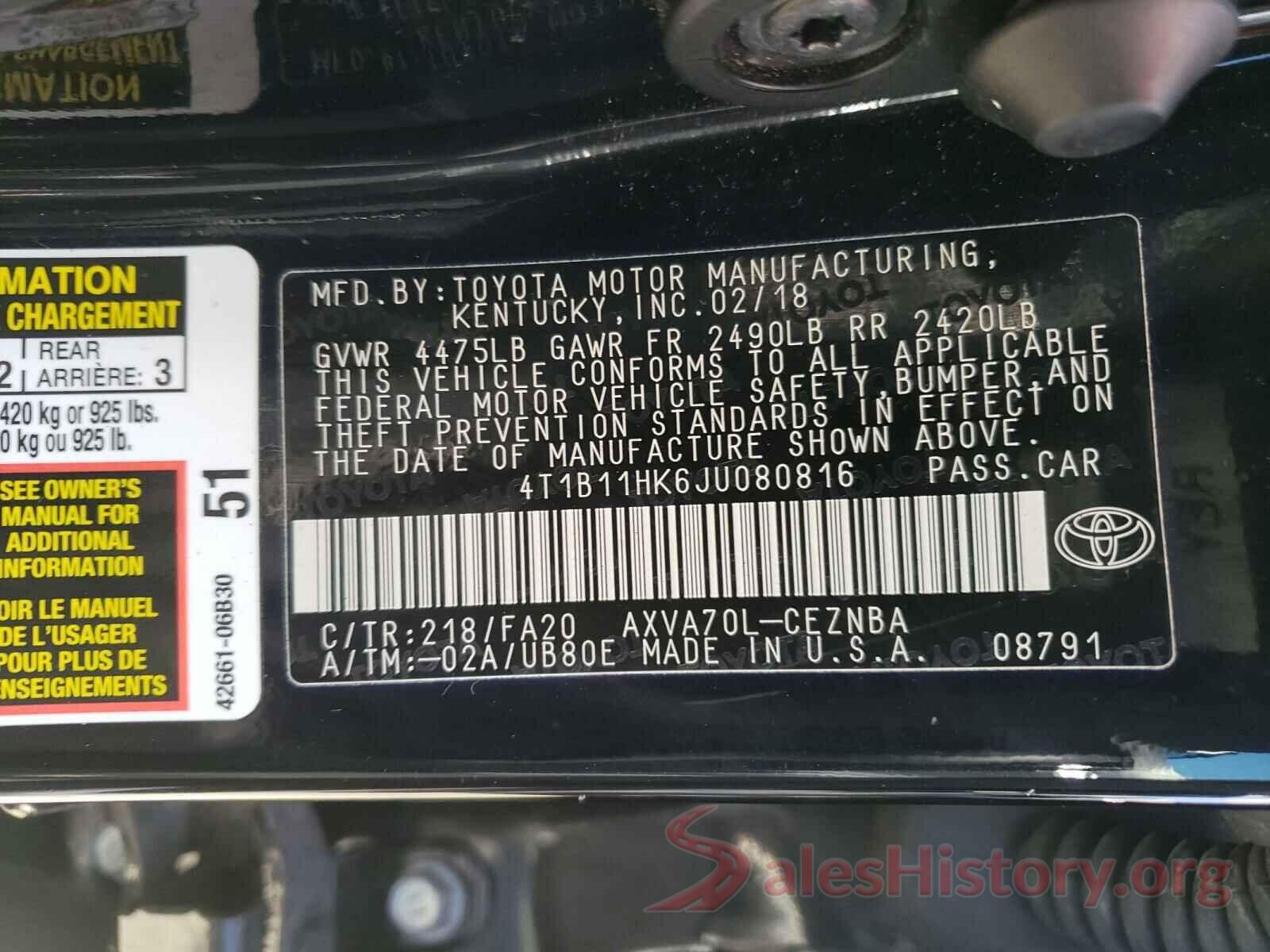 4T1B11HK6JU080816 2018 TOYOTA CAMRY