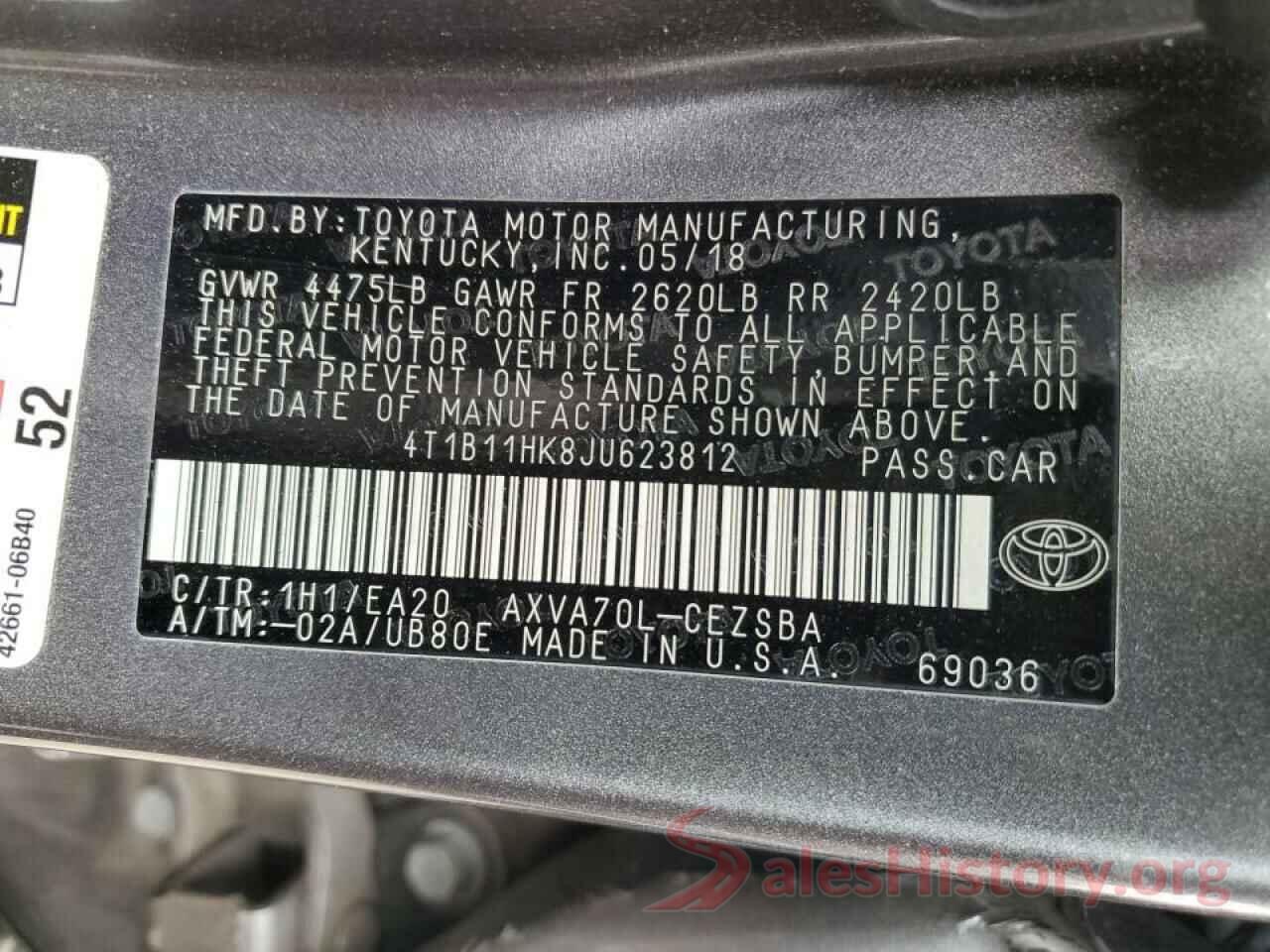 4T1B11HK8JU623812 2018 TOYOTA CAMRY