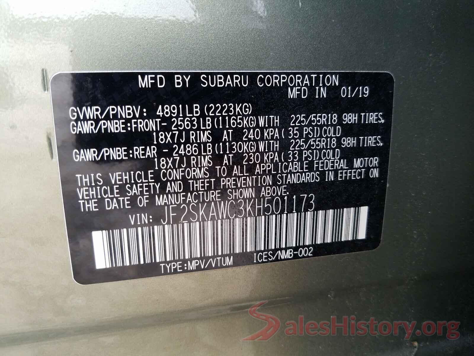 JF2SKAWC3KH501173 2019 SUBARU FORESTER