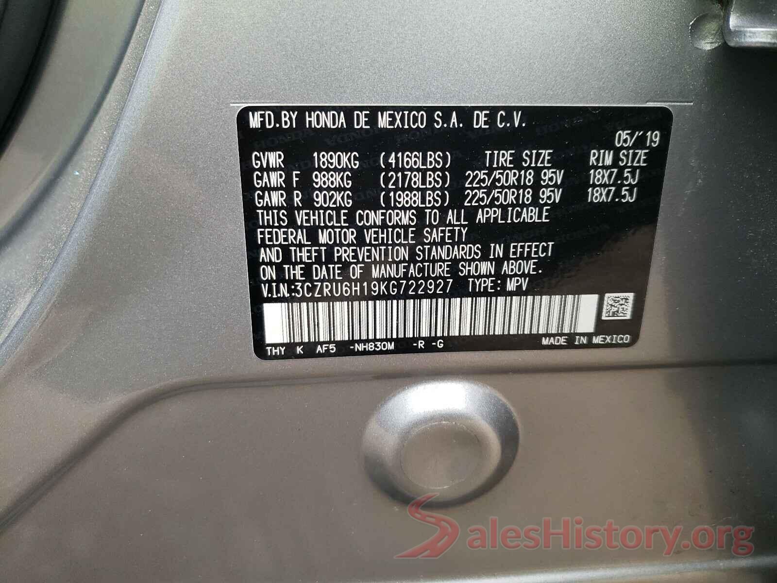 3CZRU6H19KG722927 2019 HONDA HR-V