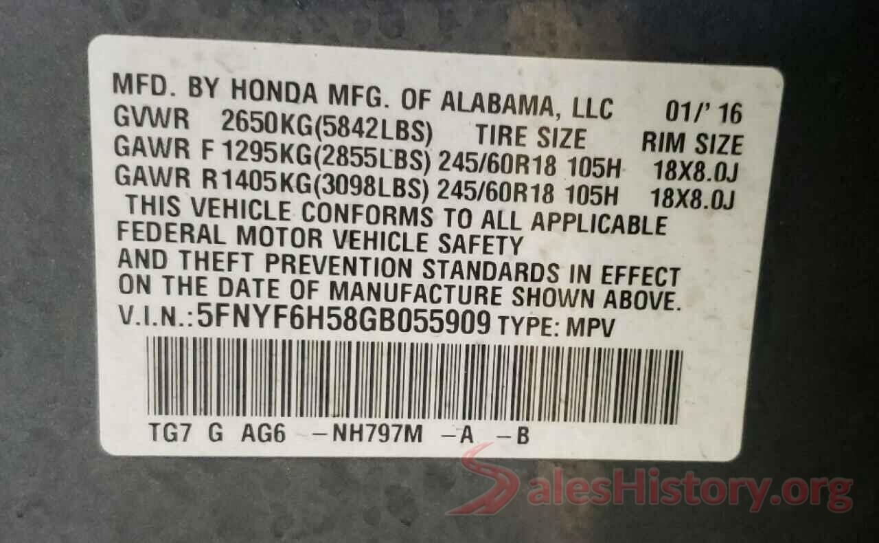 5FNYF6H58GB055909 2016 HONDA PILOT