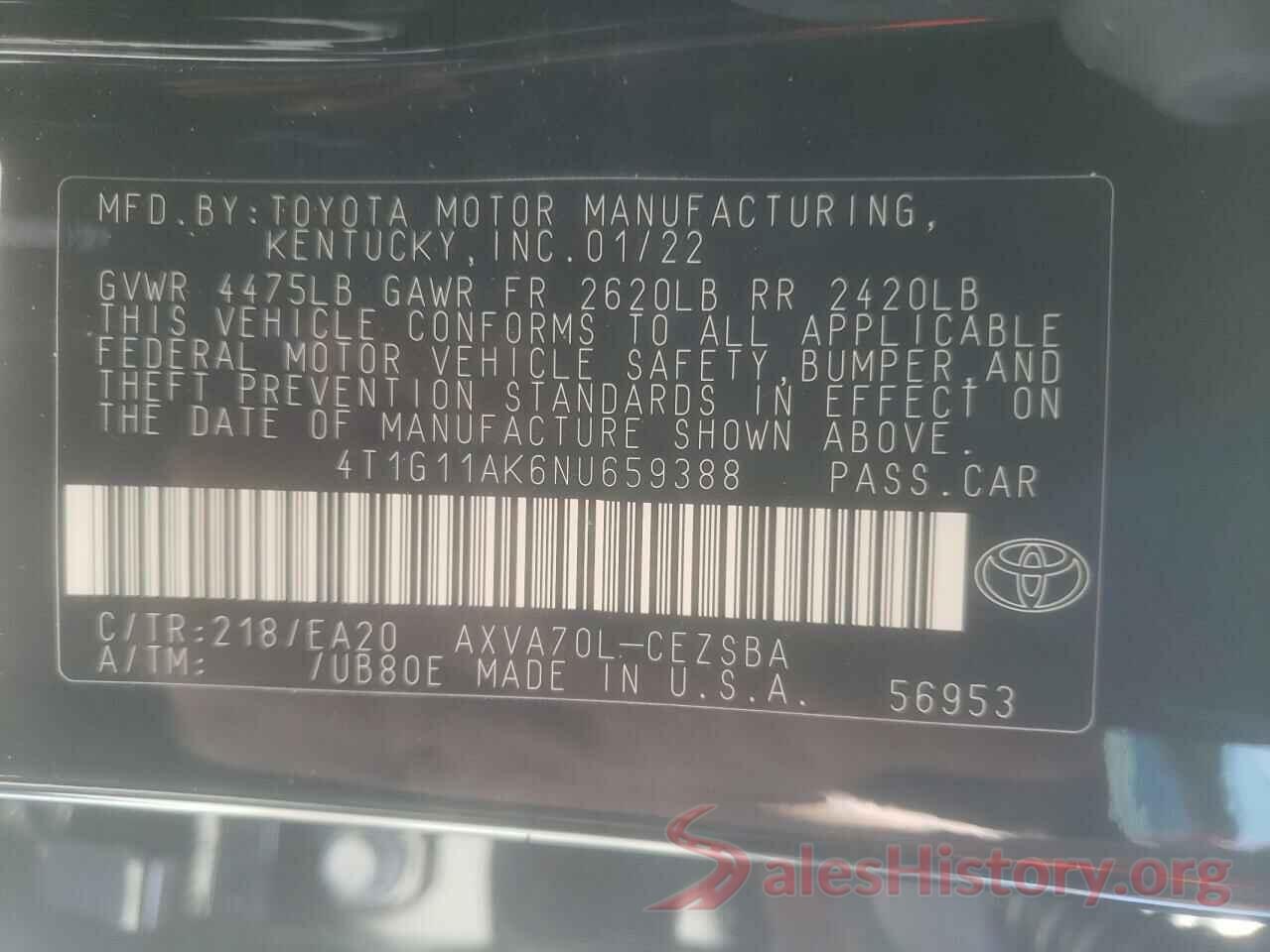 4T1G11AK6NU659388 2022 TOYOTA CAMRY