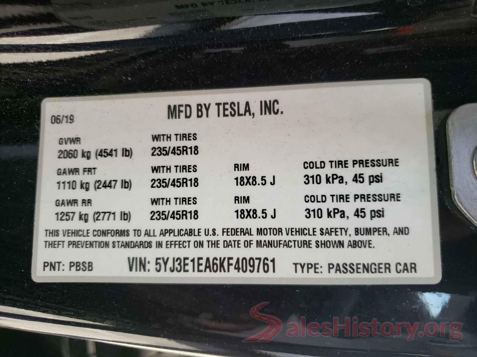 5YJ3E1EA6KF409761 2019 TESLA MODEL 3