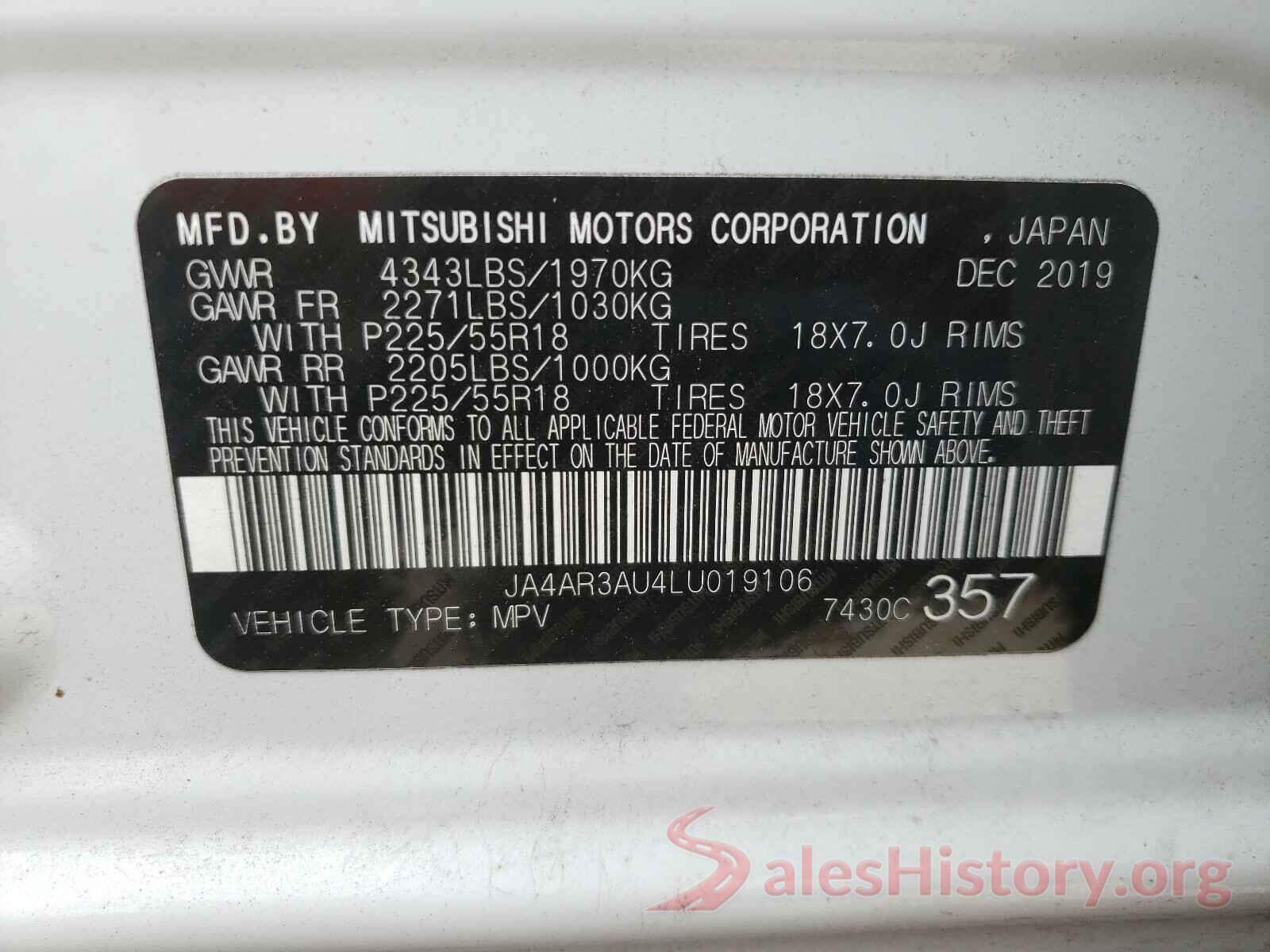 JA4AR3AU4LU019106 2020 MITSUBISHI OUTLANDER