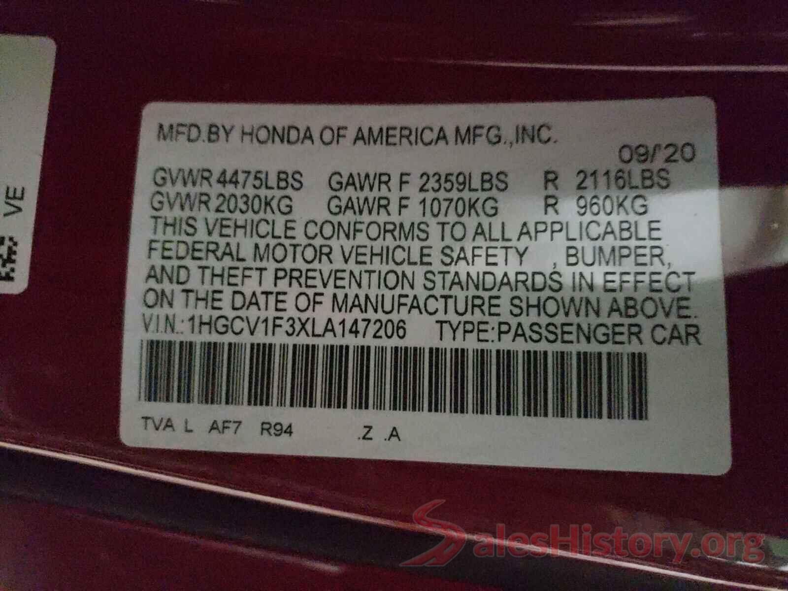 1HGCV1F3XLA147206 2020 HONDA ACCORD