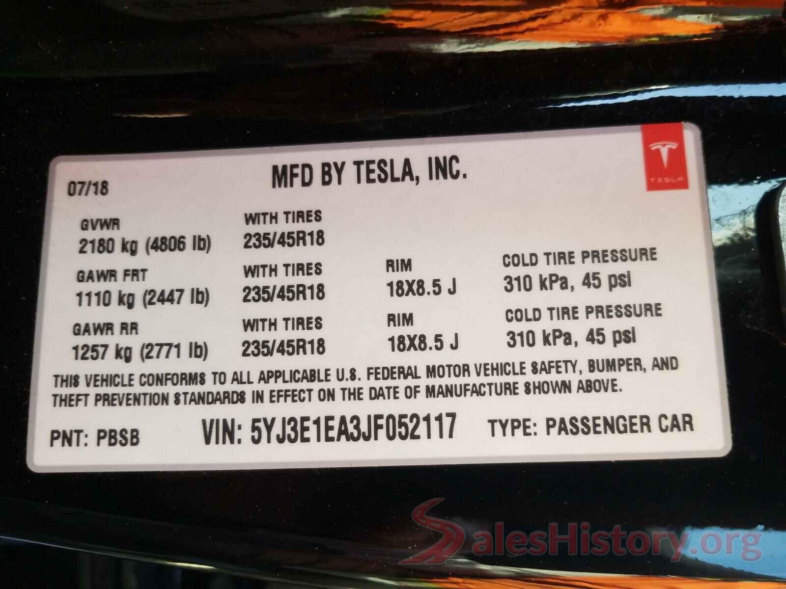 5YJ3E1EA3JF052117 2018 TESLA MODEL 3