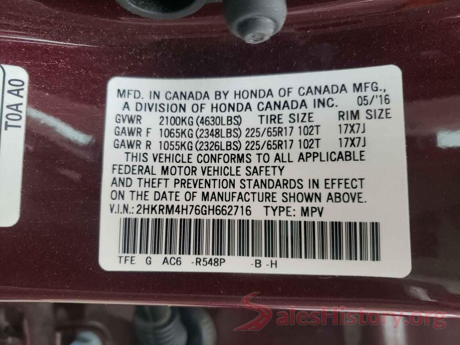 2HKRM4H76GH662716 2016 HONDA CRV