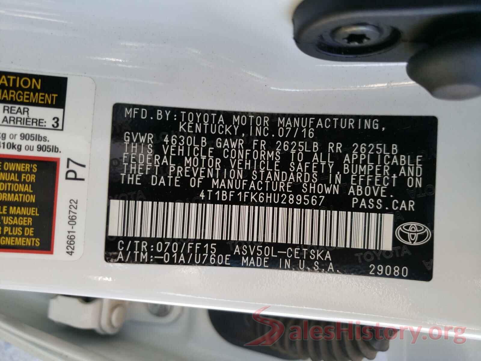 4T1BF1FK6HU289567 2017 TOYOTA CAMRY