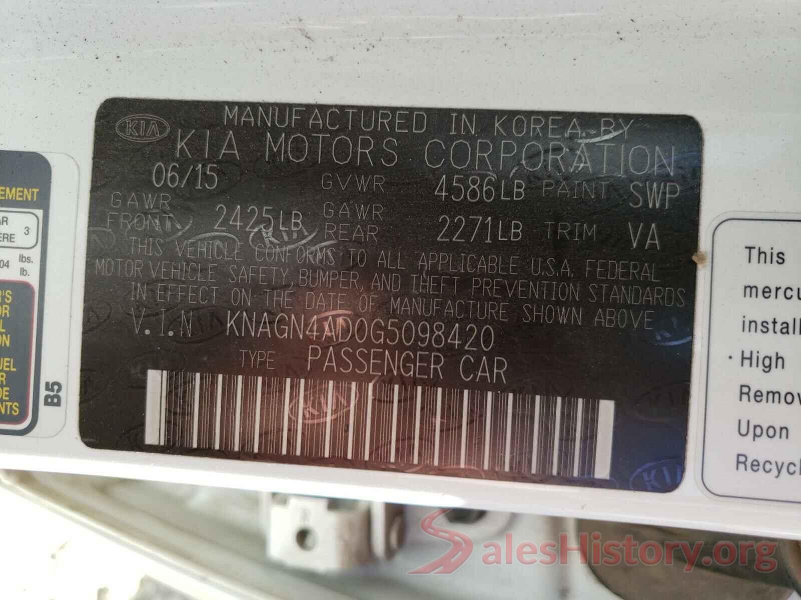 KNAGN4AD0G5098420 2016 KIA OPTIMA