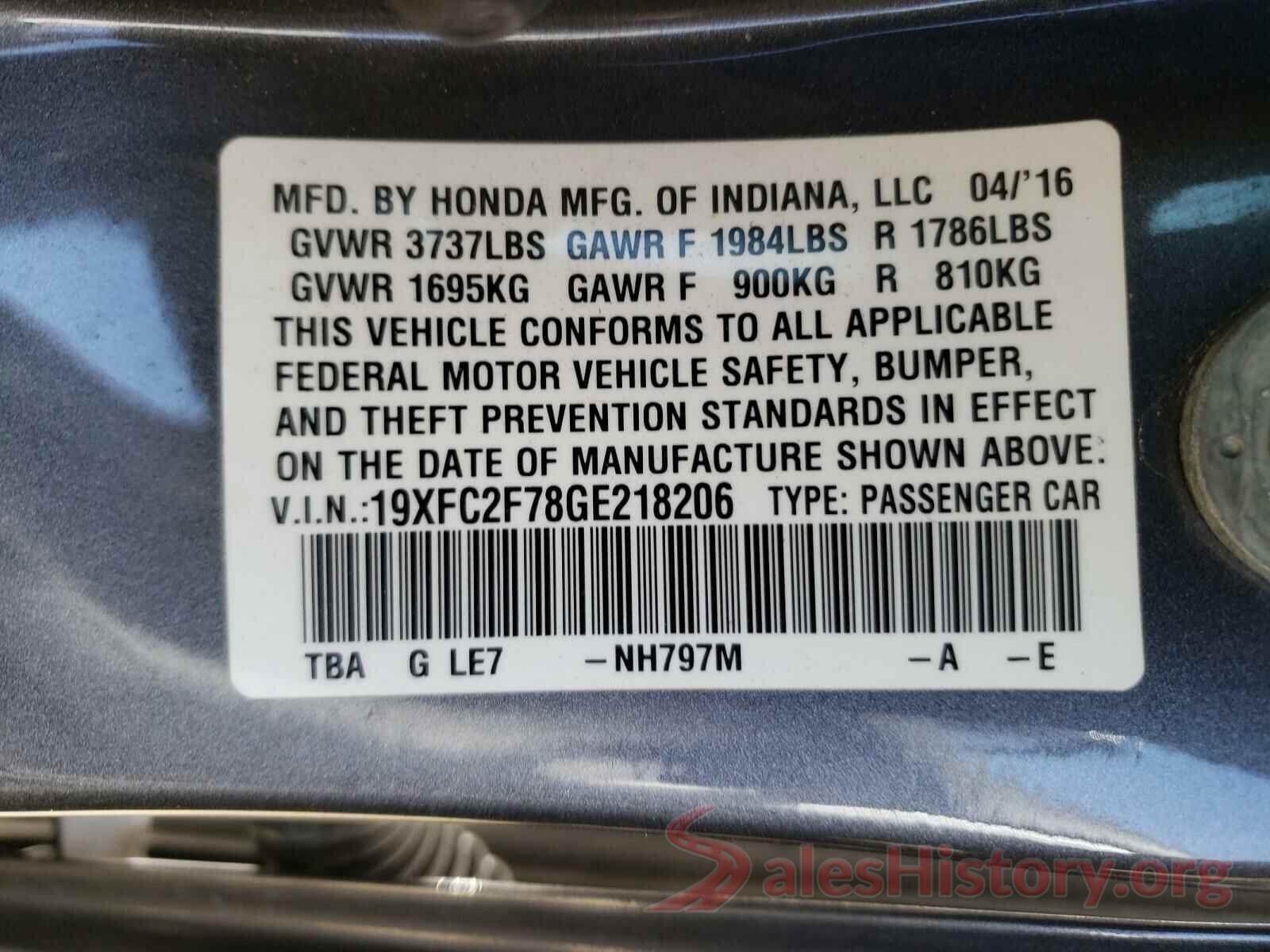 19XFC2F78GE218206 2016 HONDA CIVIC