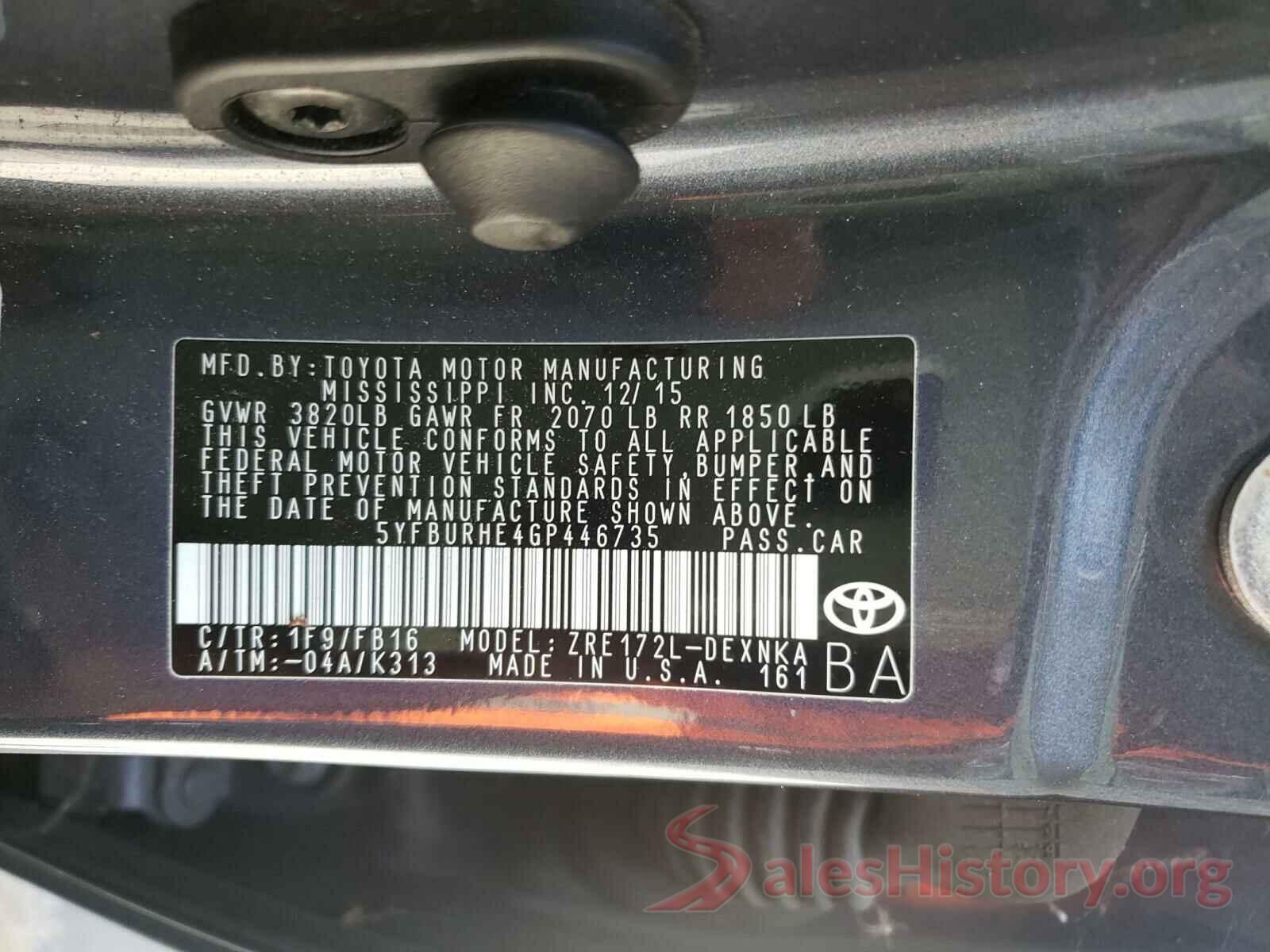 5YFBURHE4GP446735 2016 TOYOTA COROLLA