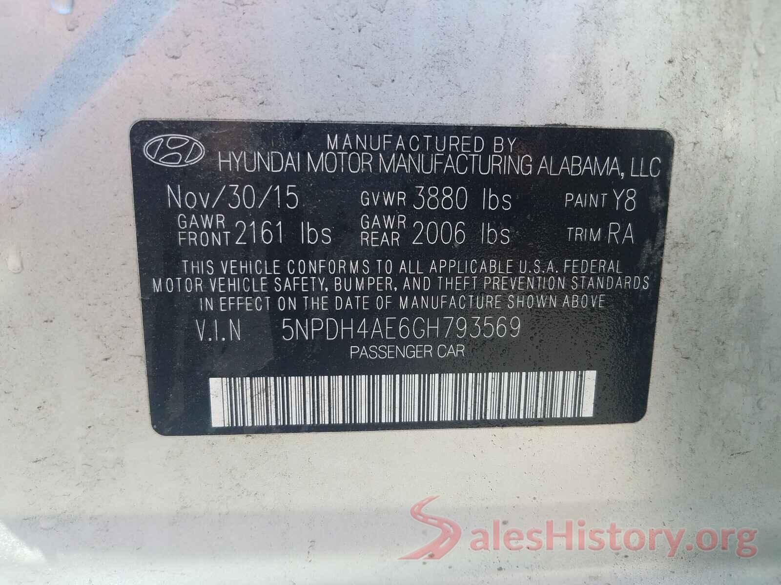 5NPDH4AE6GH793569 2016 HYUNDAI ELANTRA