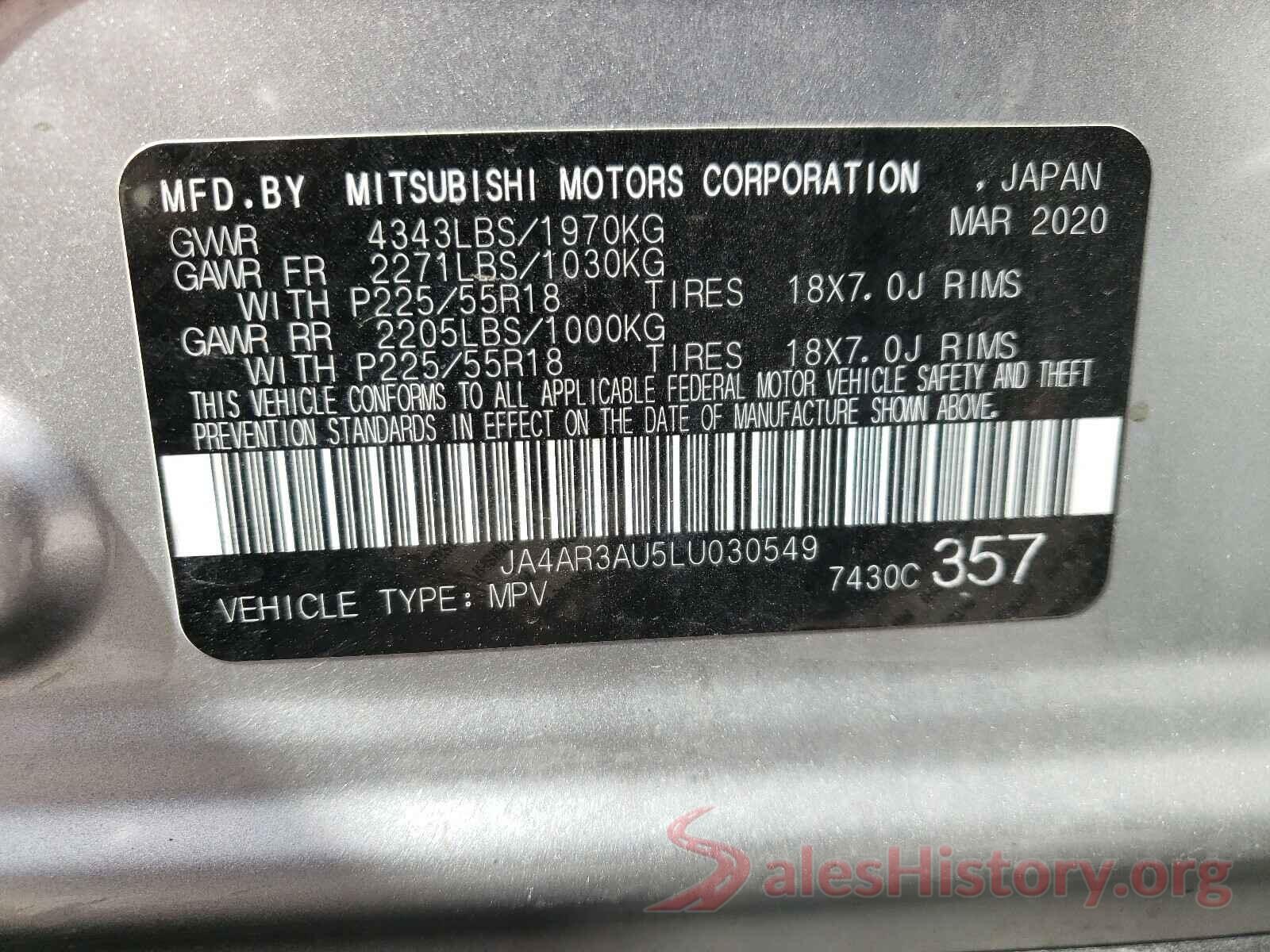 JA4AR3AU5LU030549 2020 MITSUBISHI OUTLANDER