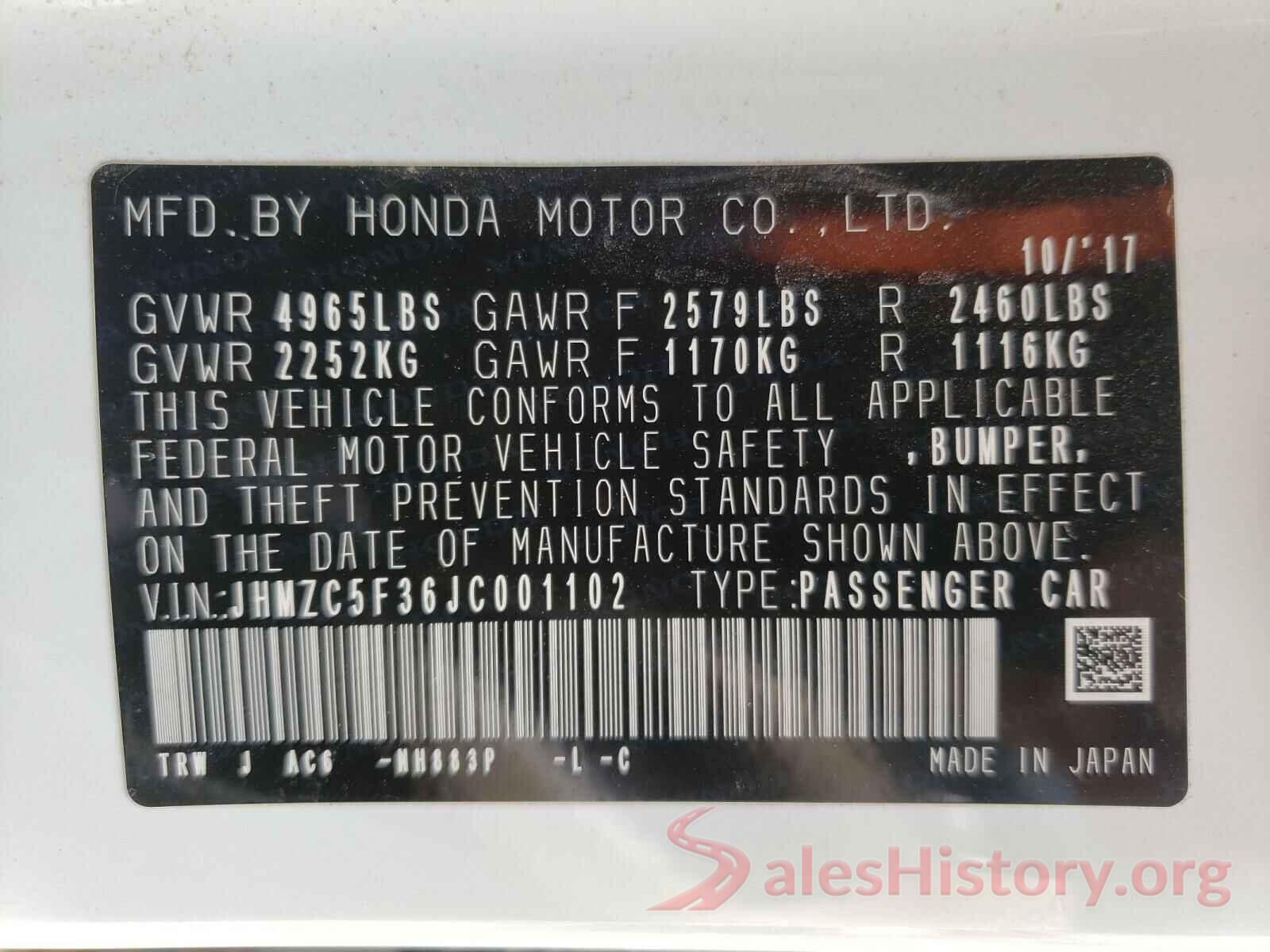 JHMZC5F36JC001102 2018 HONDA CLARITY