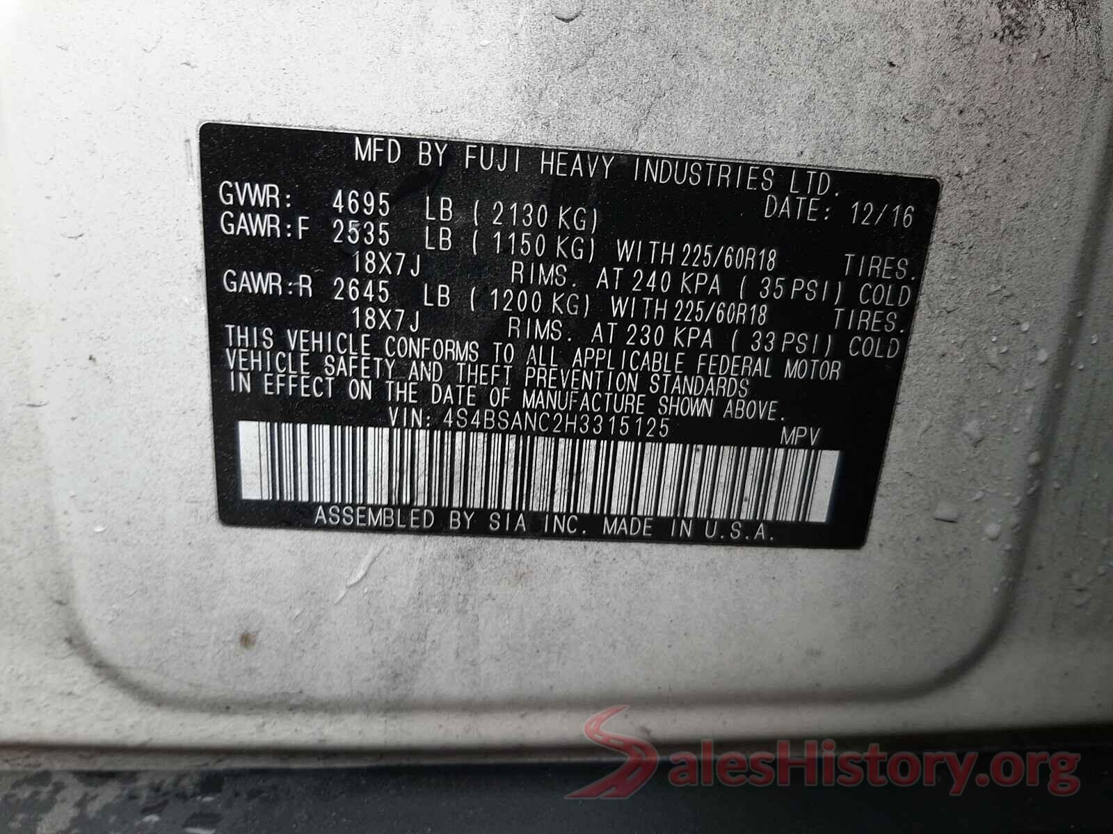 4S4BSANC2H3315125 2017 SUBARU OUTBACK