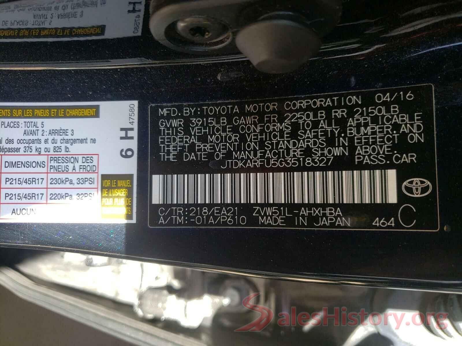 JTDKARFU5G3518327 2016 TOYOTA PRIUS