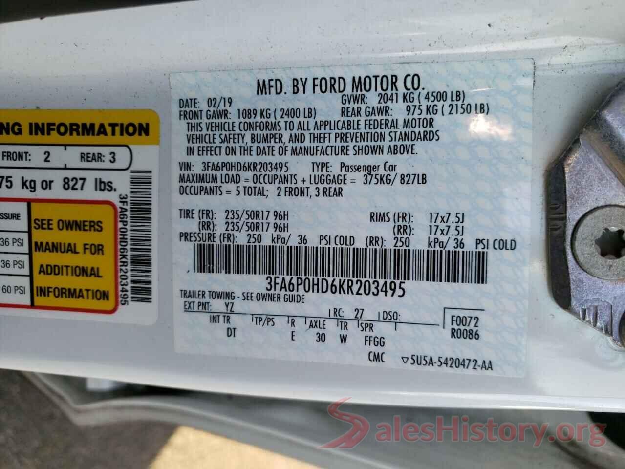 3FA6P0HD6KR203495 2019 FORD FUSION