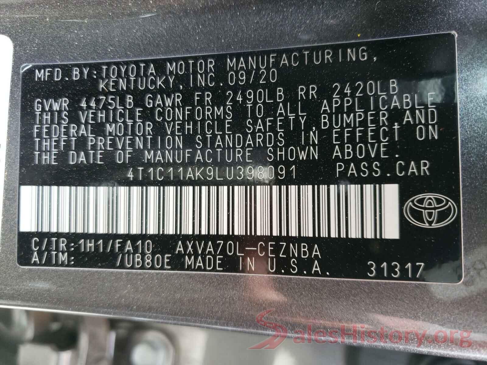 4T1C11AK9LU398091 2020 TOYOTA CAMRY