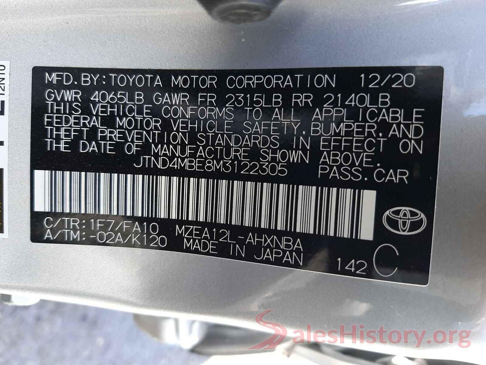 JTND4MBE8M3122305 2021 TOYOTA COROLLA