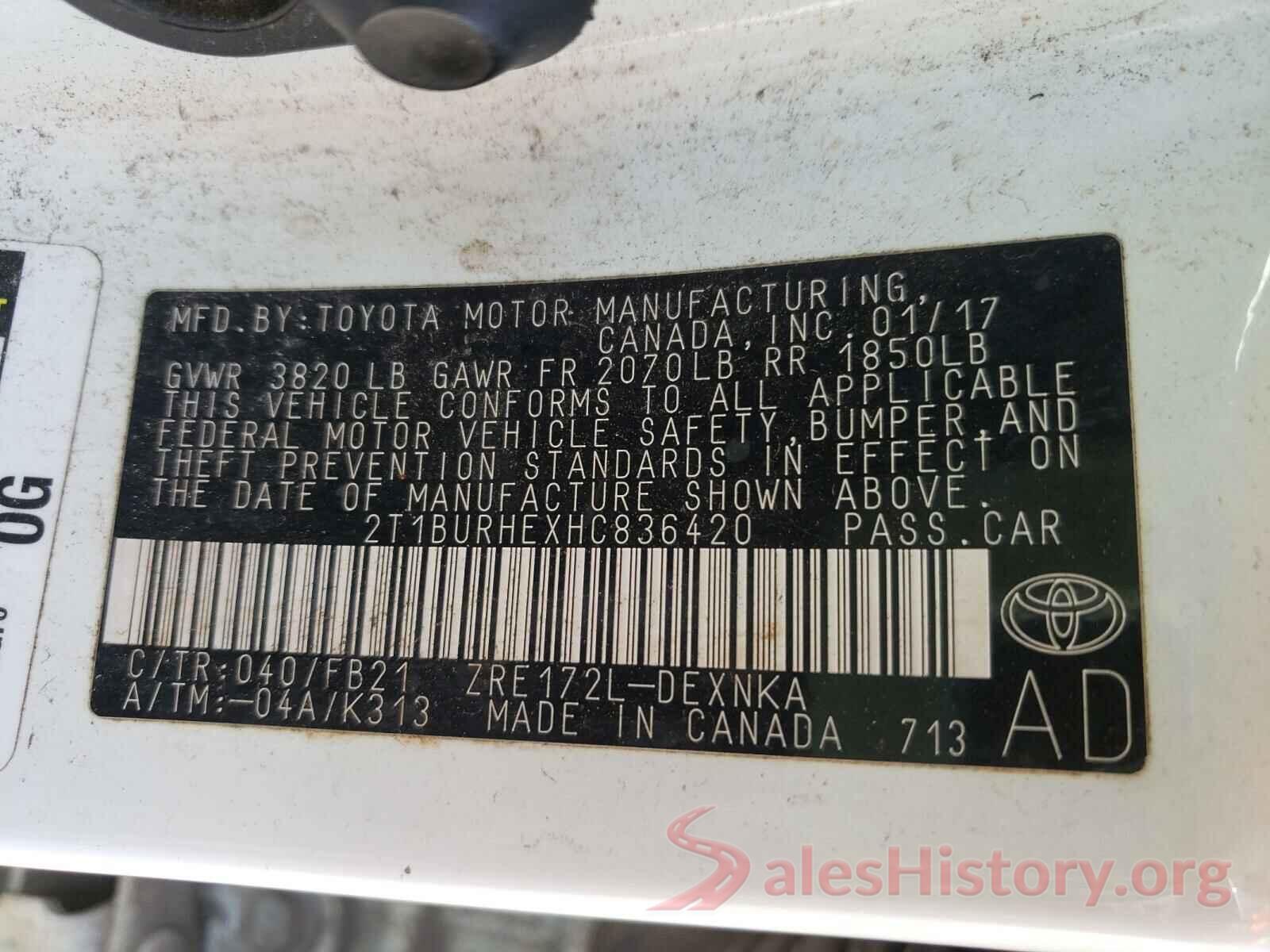 2T1BURHEXHC836420 2017 TOYOTA COROLLA