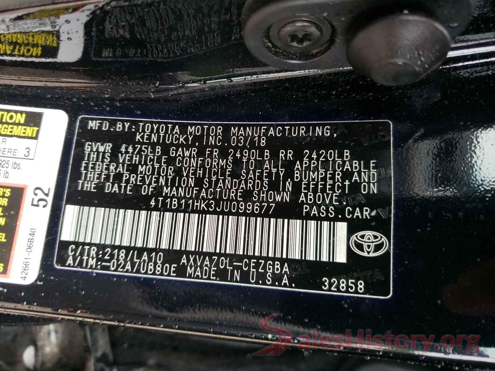 4T1B11HK3JU099677 2018 TOYOTA CAMRY