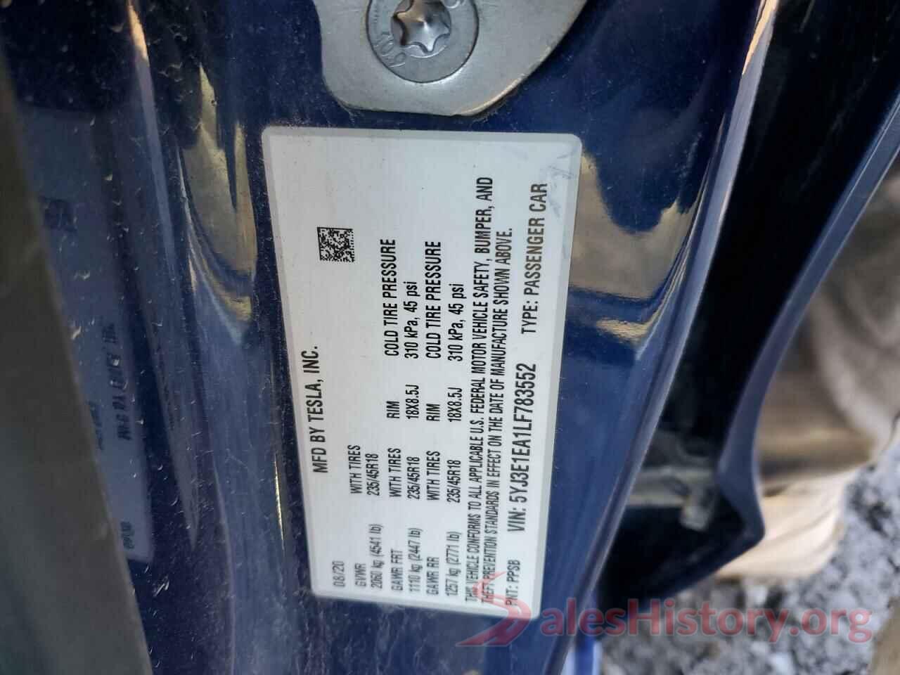 5YJ3E1EA1LF783552 2020 TESLA MODEL 3