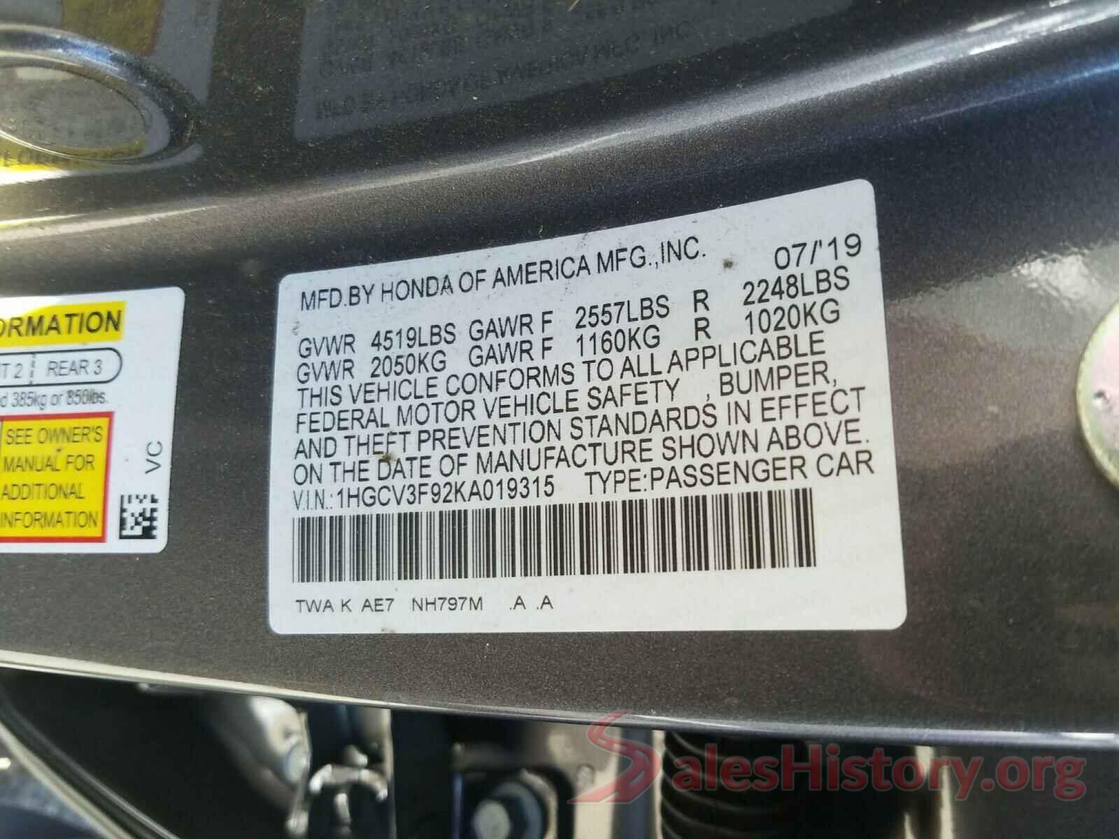 1HGCV3F92KA019315 2019 HONDA ACCORD