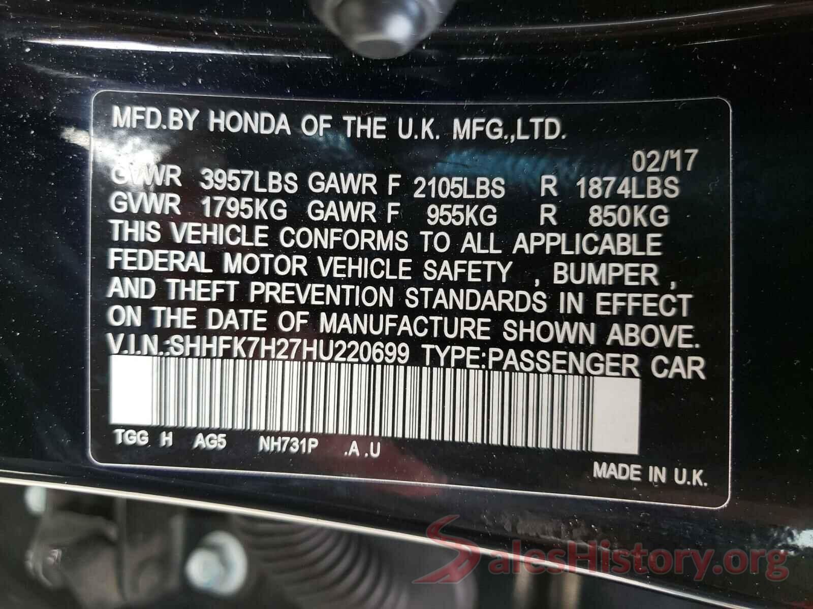 SHHFK7H27HU220699 2017 HONDA CIVIC