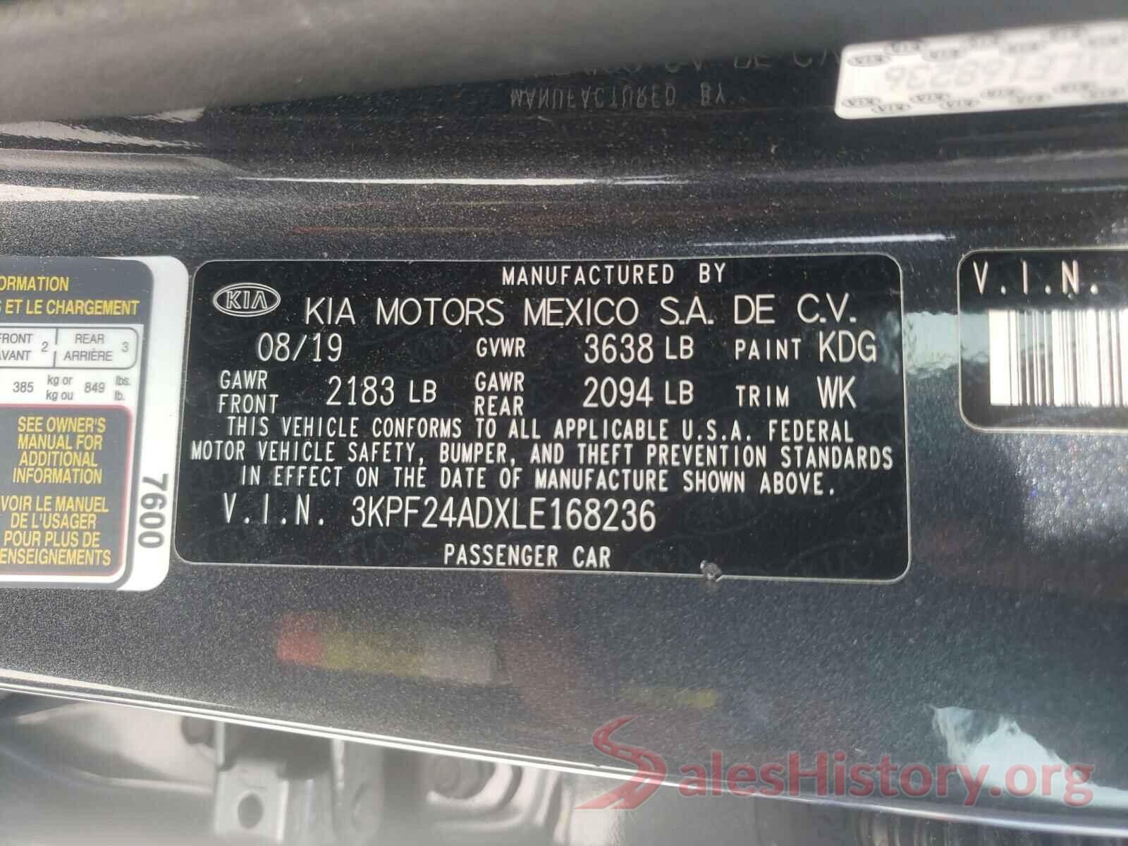 3KPF24ADXLE168236 2020 KIA FORTE